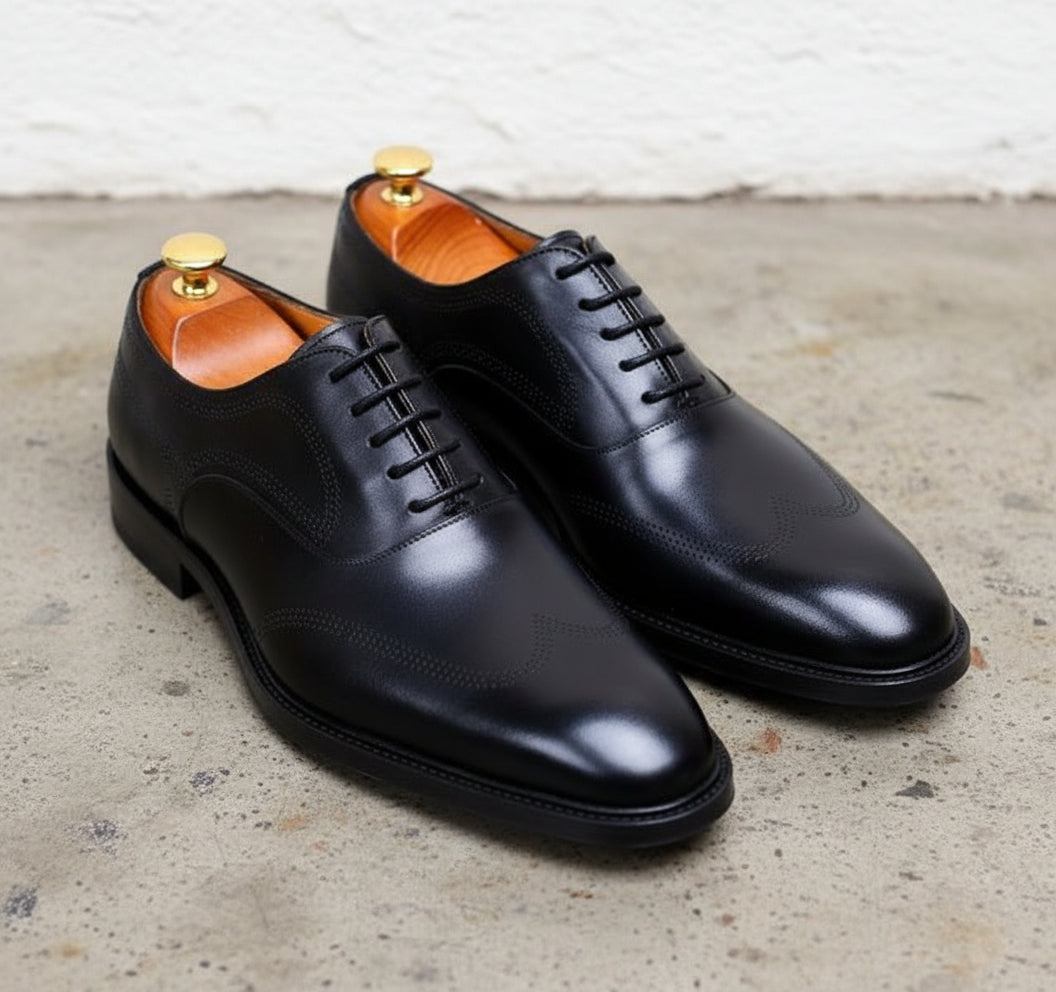 Handmade Men Black Oxfors leather shoes, Men wingtip dress shoes, Mens shoe - angle-view-showing-depth