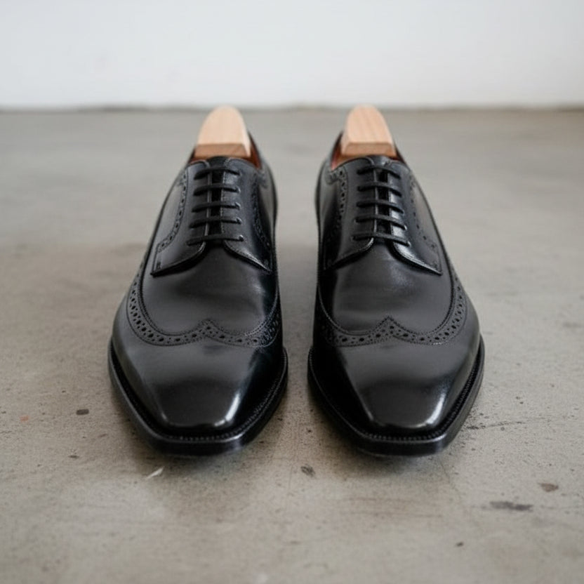 Handmade Men Black Oxfors leather shoes, Men wingtip dress shoes - front-view