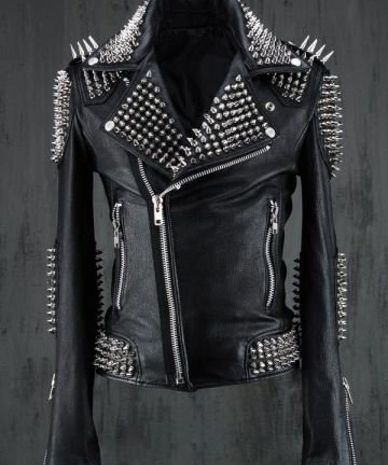 Punk Handmade Men Black Silver Long Spiked Studded Leather Jacket
