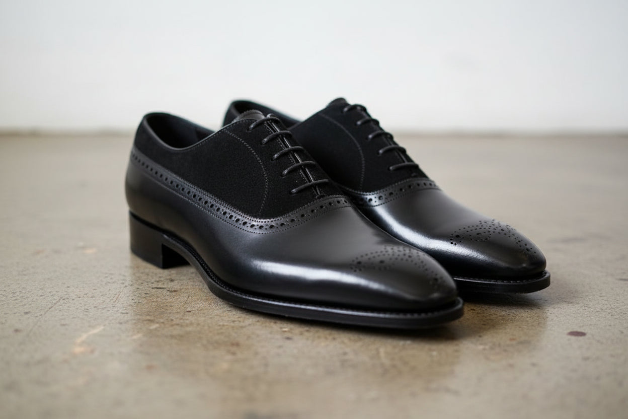 Handmade Men Black Suede And Leather Formal Shoes, Black Dress Shoes