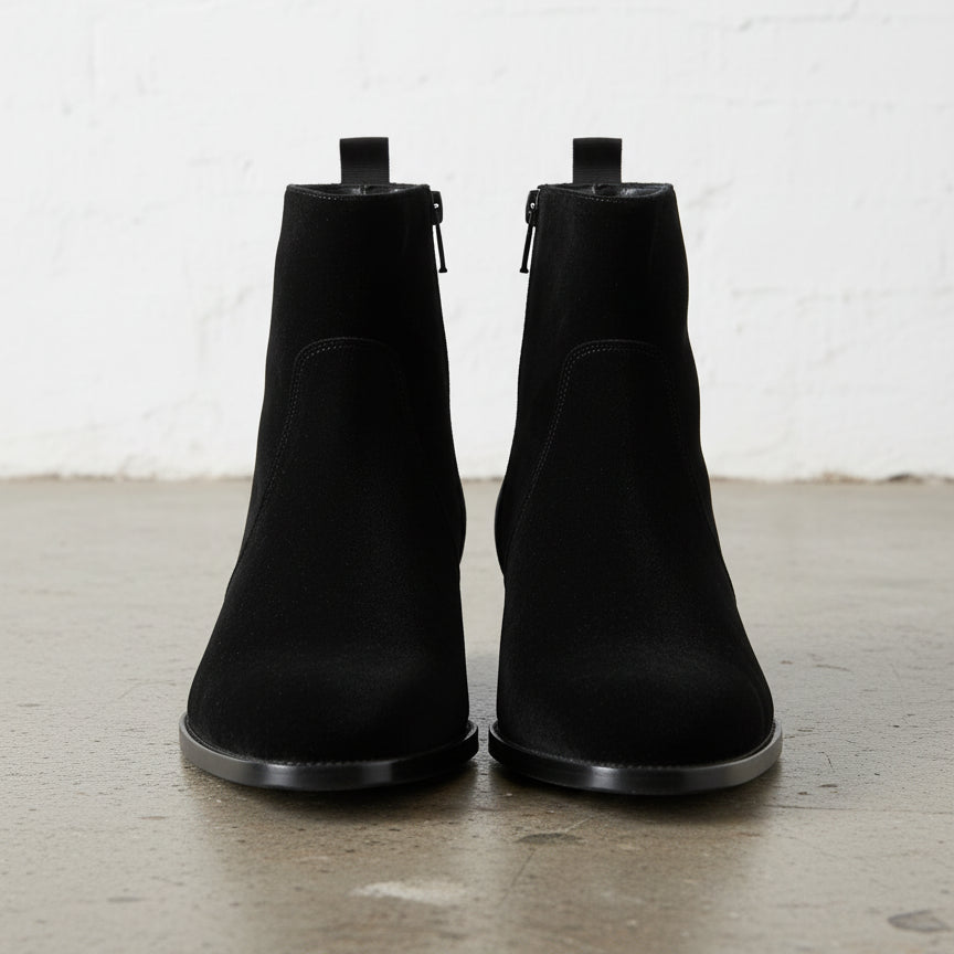 Handmade Men Black Suede Ankle dress boots, Men black side zip ankle boot - front-view