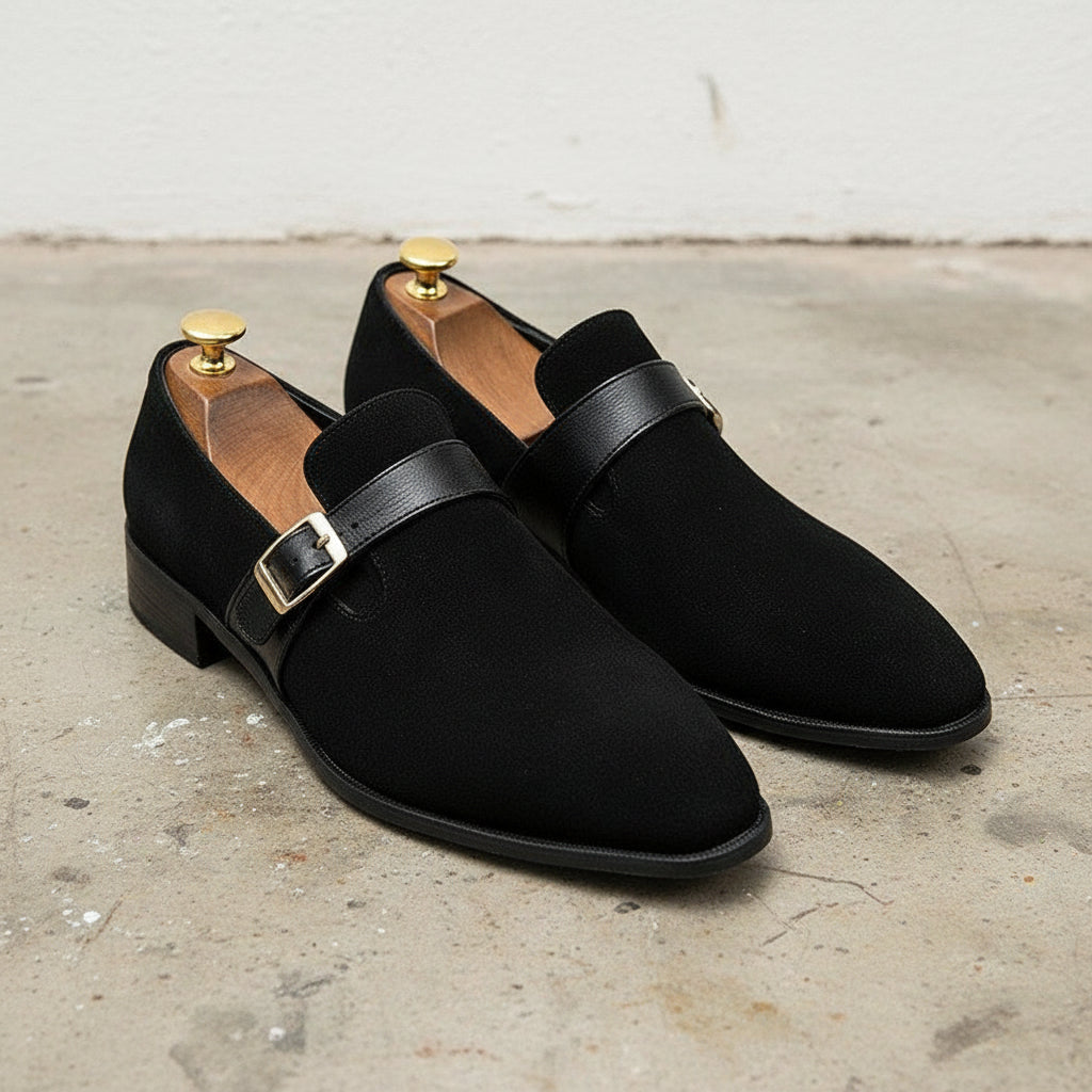 Handmade Men black suede dress shoes, Men black suede buckle shoes - angle-view-showing-depth