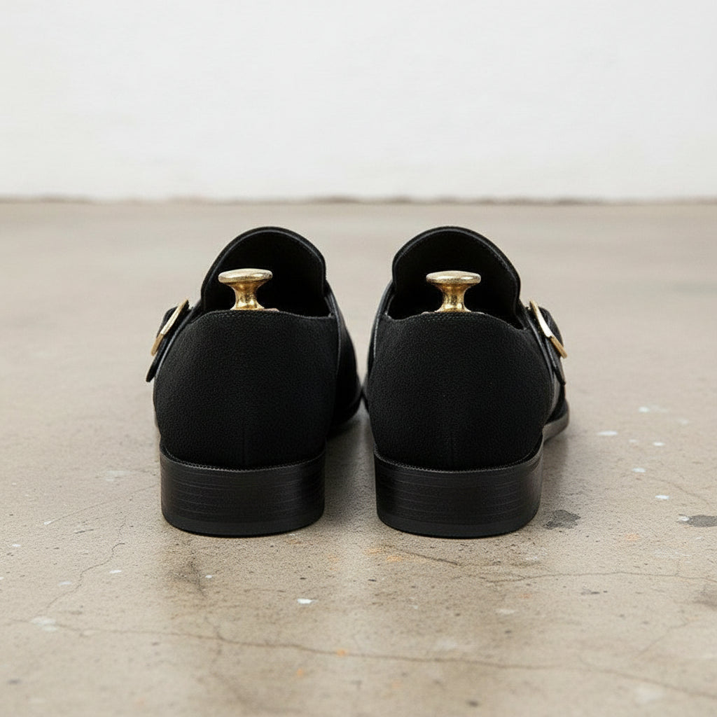 Handmade Men black suede dress shoes, Men black suede buckle shoes - back-view