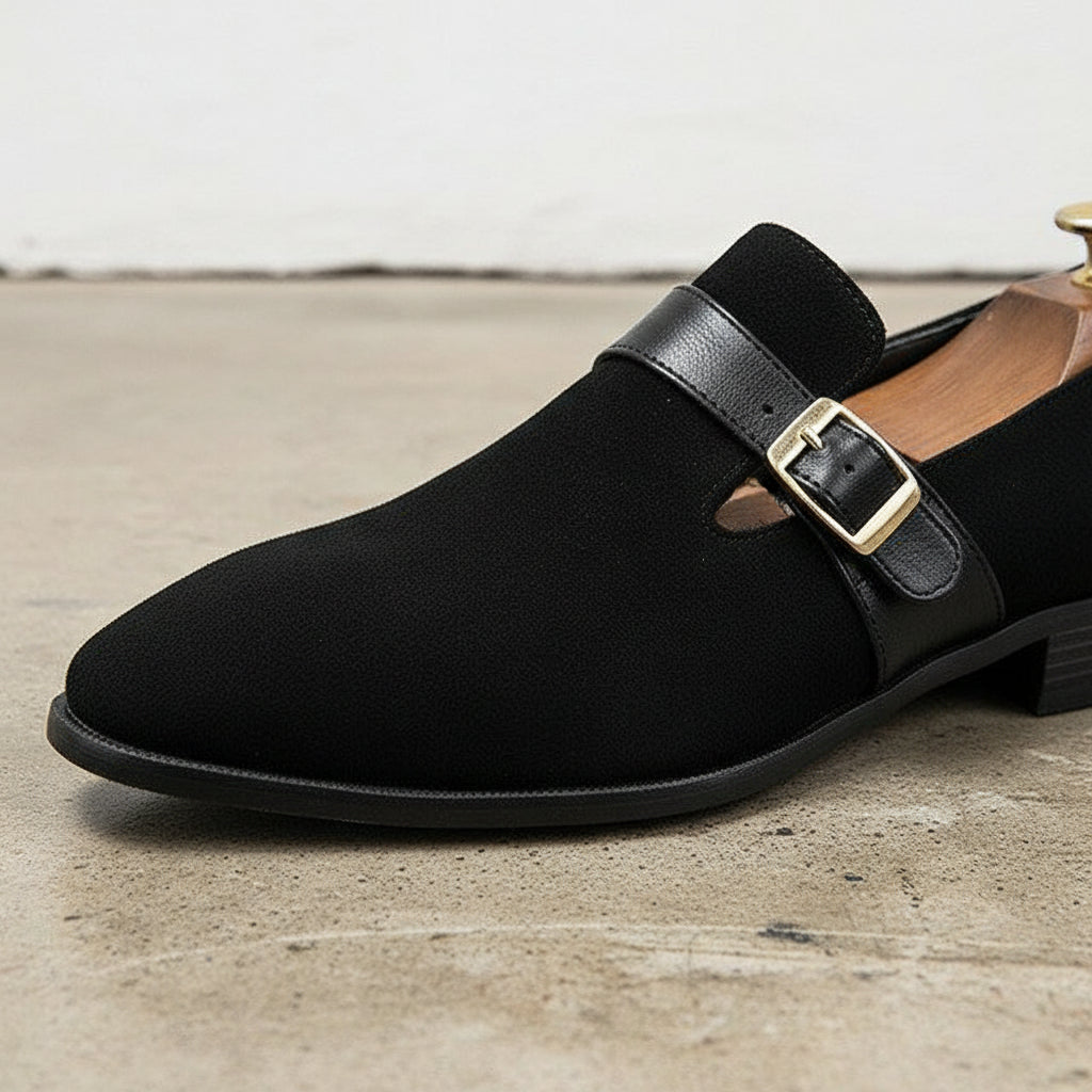 Handmade Men black suede dress shoes, Men black suede buckle shoes - detail-view-showing-texture