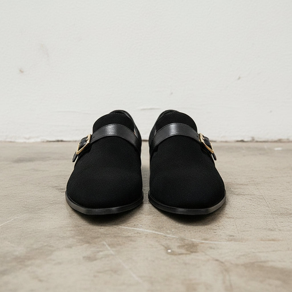 Handmade Men black suede dress shoes, Men black suede buckle shoes - front-view