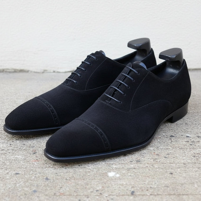 Men's Black Cap-Toe Suede Oxfords