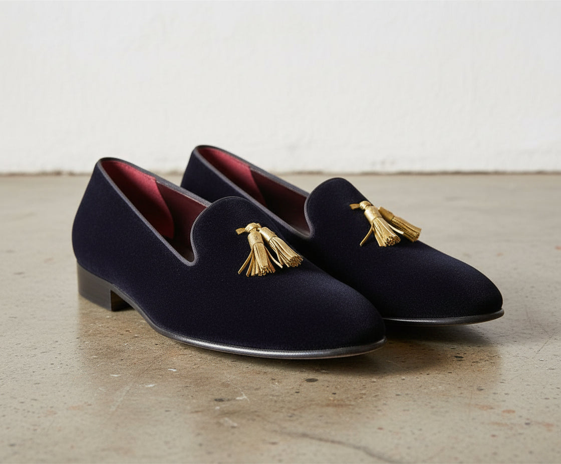 Handmade Men Black Velvet Tassels Shoes, Velvet Loafer Shoes Moccasins