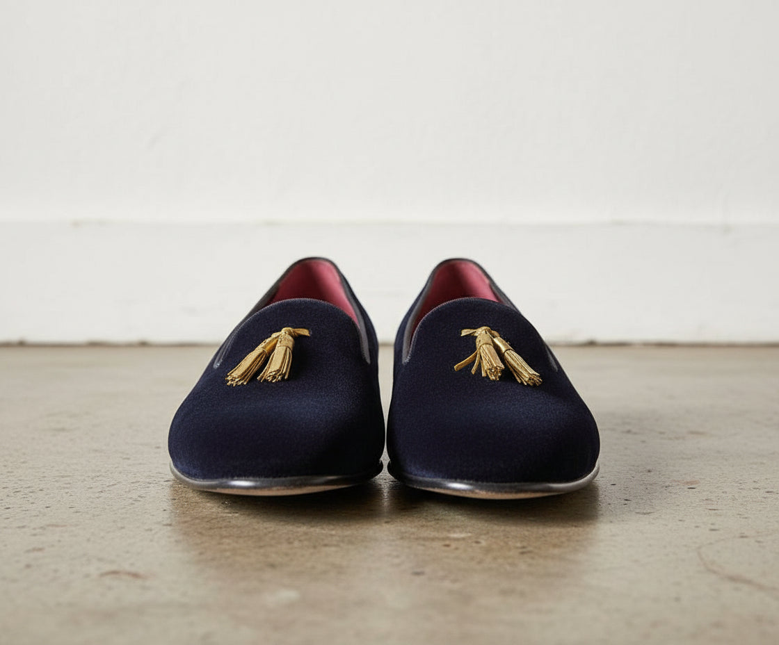 Handmade Men Black Velvet Tassels Shoes, Velvet Loafer Shoes Moccasins