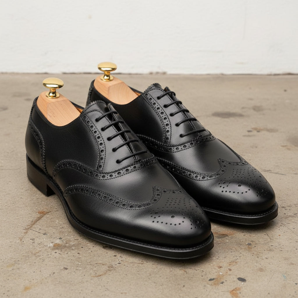 Handmade Men Black wing tip brogue dress shoes, Men leather office shoes - angle-view-showing-depth