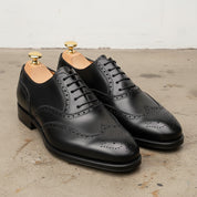 Handmade Men Black wing tip brogue dress shoes, Men leather office shoes - angle-view-showing-depth