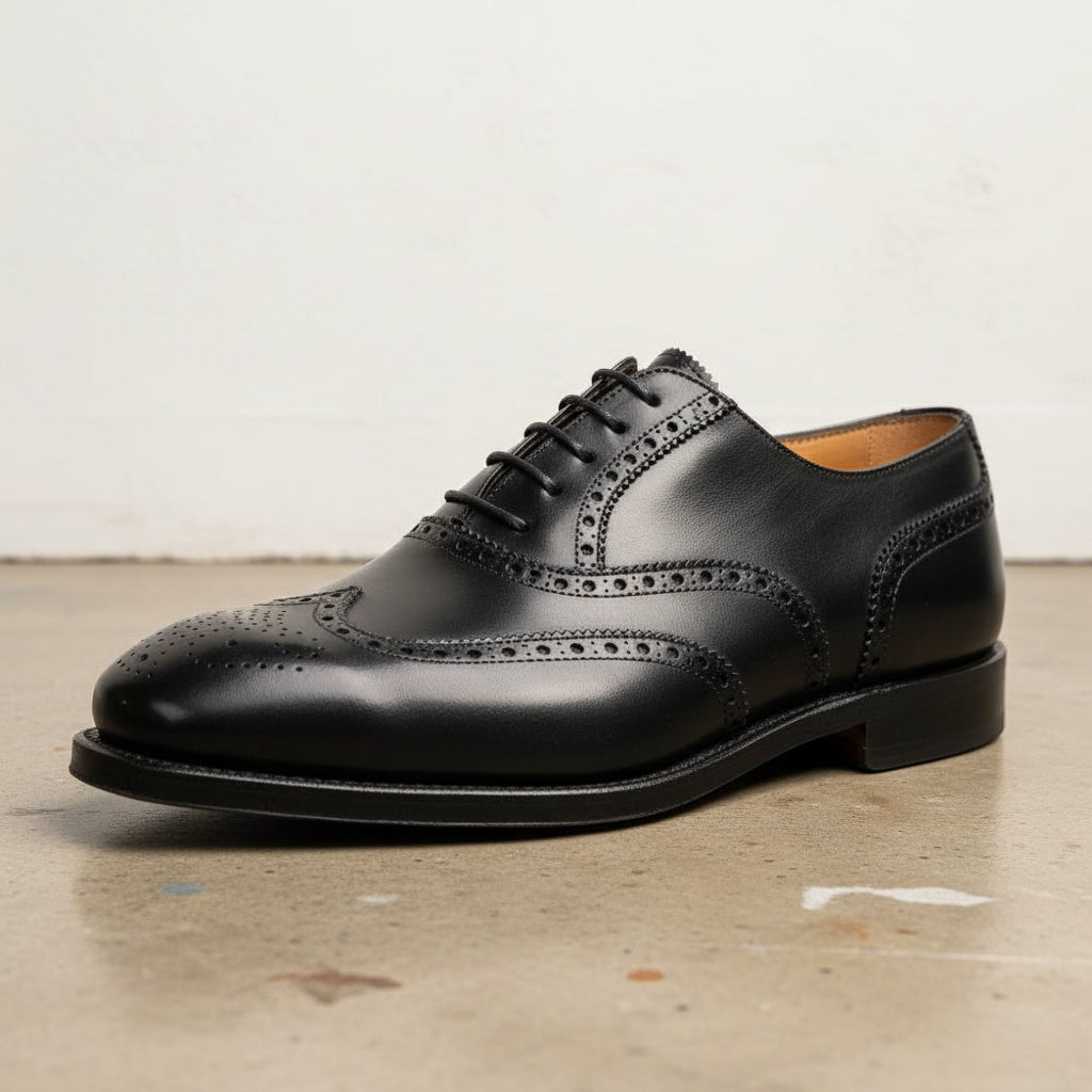 Handmade Men Black wing tip brogue dress shoes, Men leather office shoes - detail-view-showing-texture