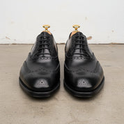 Handmade Men Black wing tip brogue dress shoes, Men leather office shoes - front-view