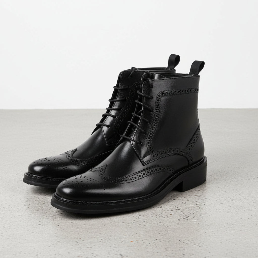 Men's Black Wingtip Brogue Leather Ankle Boots | Lace-Up Dress Boots US 8 / Black / 4E - Extra Wide Men's Black Wingtip Brogue Leather Ankle Boots | Lace-Up Dress Boots US 8 / Black / 4E - Extra Wide