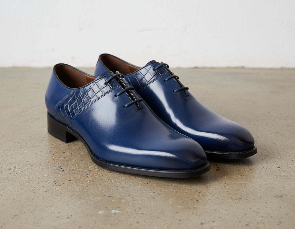 Handmade Men blue calf leather dress shoes, Mens blue oxfords shoes - angle-view-showing-depth