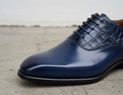 Handmade Men blue calf leather dress shoes, Mens blue oxfords shoes - detail-view-showing-texture