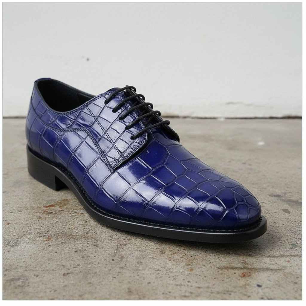 Handmade Men blue crocodile Oxfords shoes , Men blue alligators dress shoes - detail-view-showing-texture