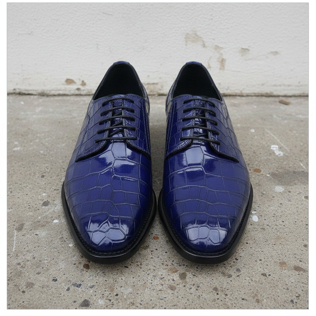 Handmade Men blue crocodile Oxfords shoes , Men blue alligators dress shoes - front-view