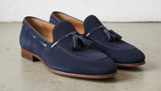 Handmade Men Blue Suede Slip on Shoes with Tassels, Casual Loafer Shoes - angle-view-showing-depth