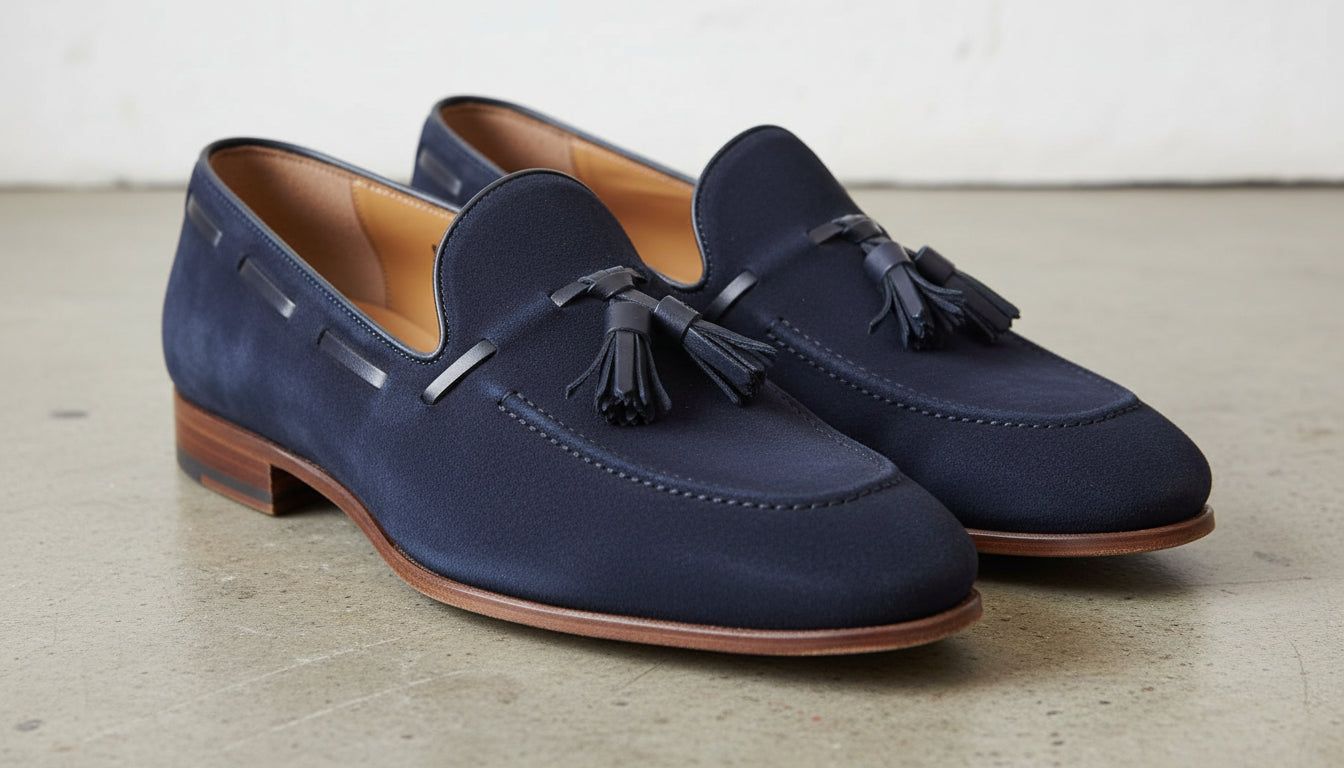 Handmade Men Blue Suede Slip on Shoes with Tassels, Casual Loafer Shoes - angle-view-showing-depth