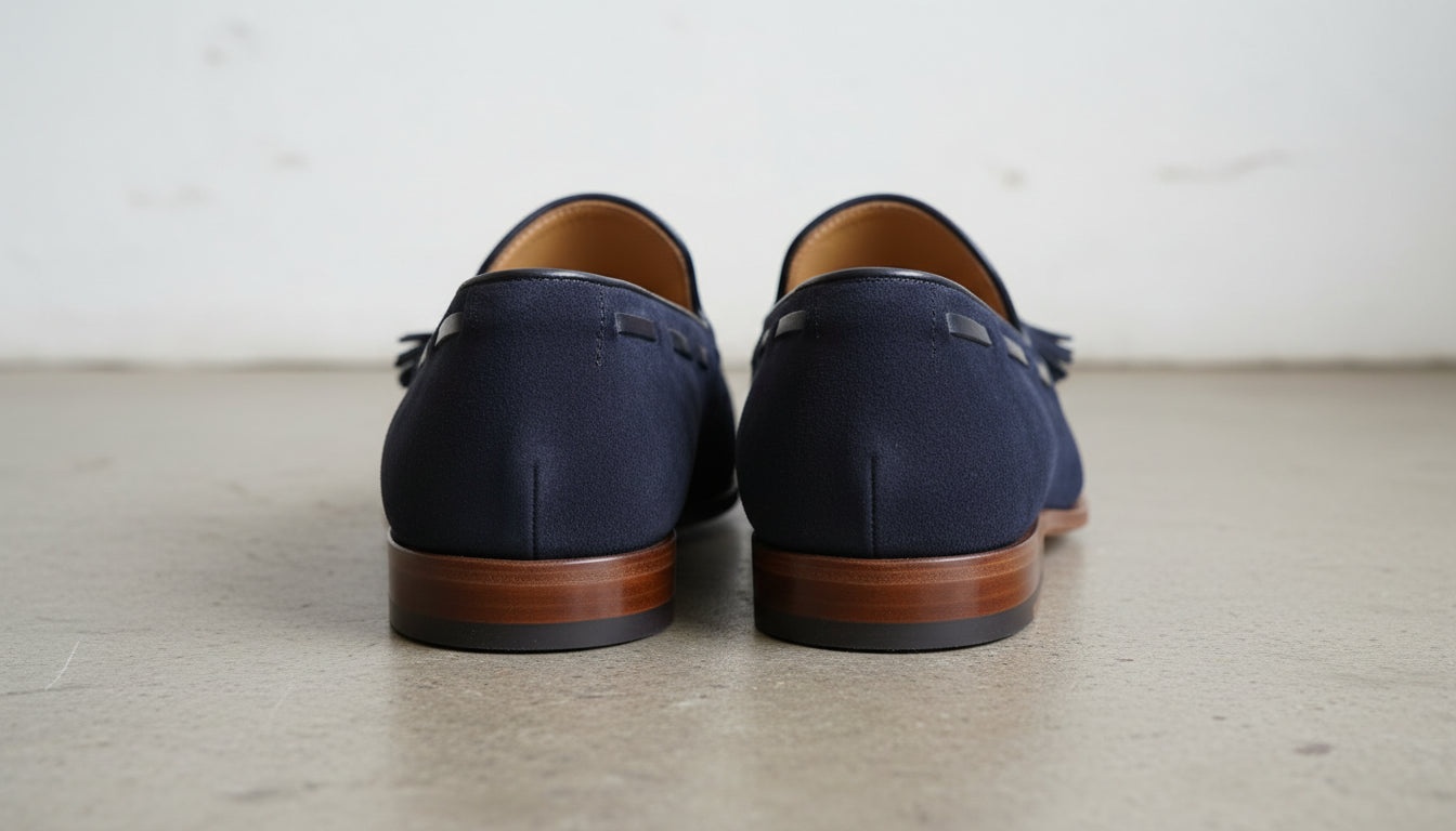Handmade Men Blue Suede Slip on Shoes with Tassels, Casual Loafer Shoes - back-view