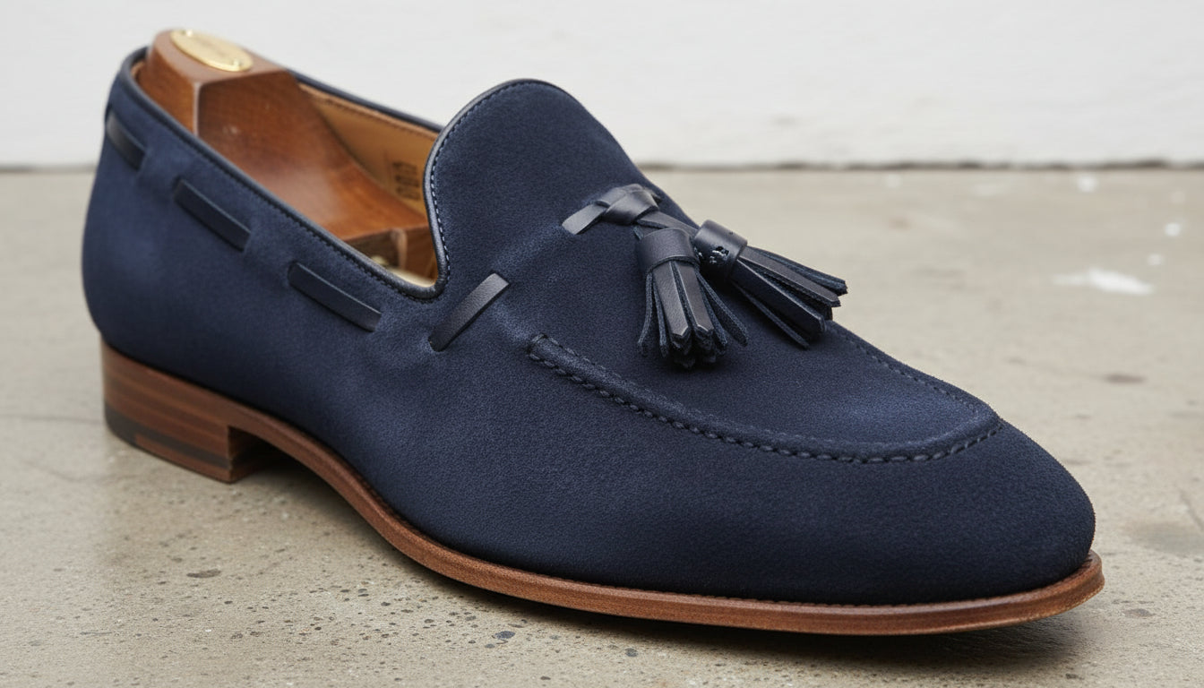Handmade Men Blue Suede Slip on Shoes with Tassels, Casual Loafer Shoes - detail-view-showing-texture