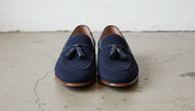 Handmade Men Blue Suede Slip on Shoes with Tassels, Casual Loafer Shoes - front-view