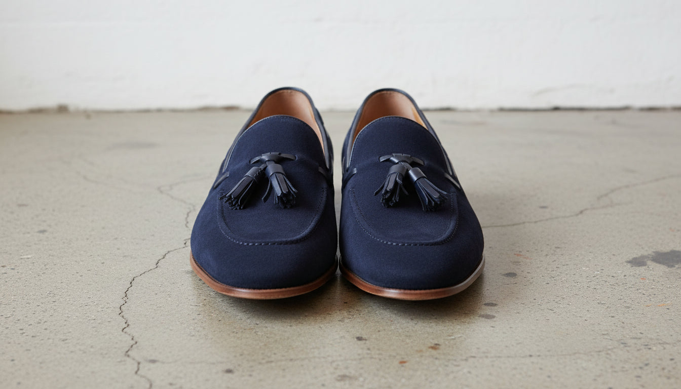 Handmade Men Blue Suede Slip on Shoes with Tassels, Casual Loafer Shoes - front-view