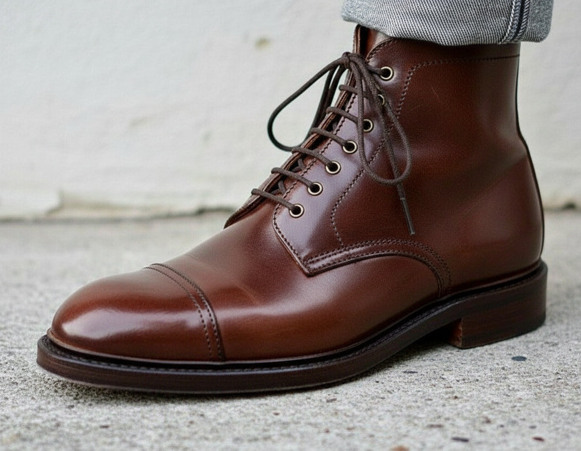 Handmade Men brown cap toe ankle boot, Men dress boots, Men ankle boot - detail-view-showing-texture