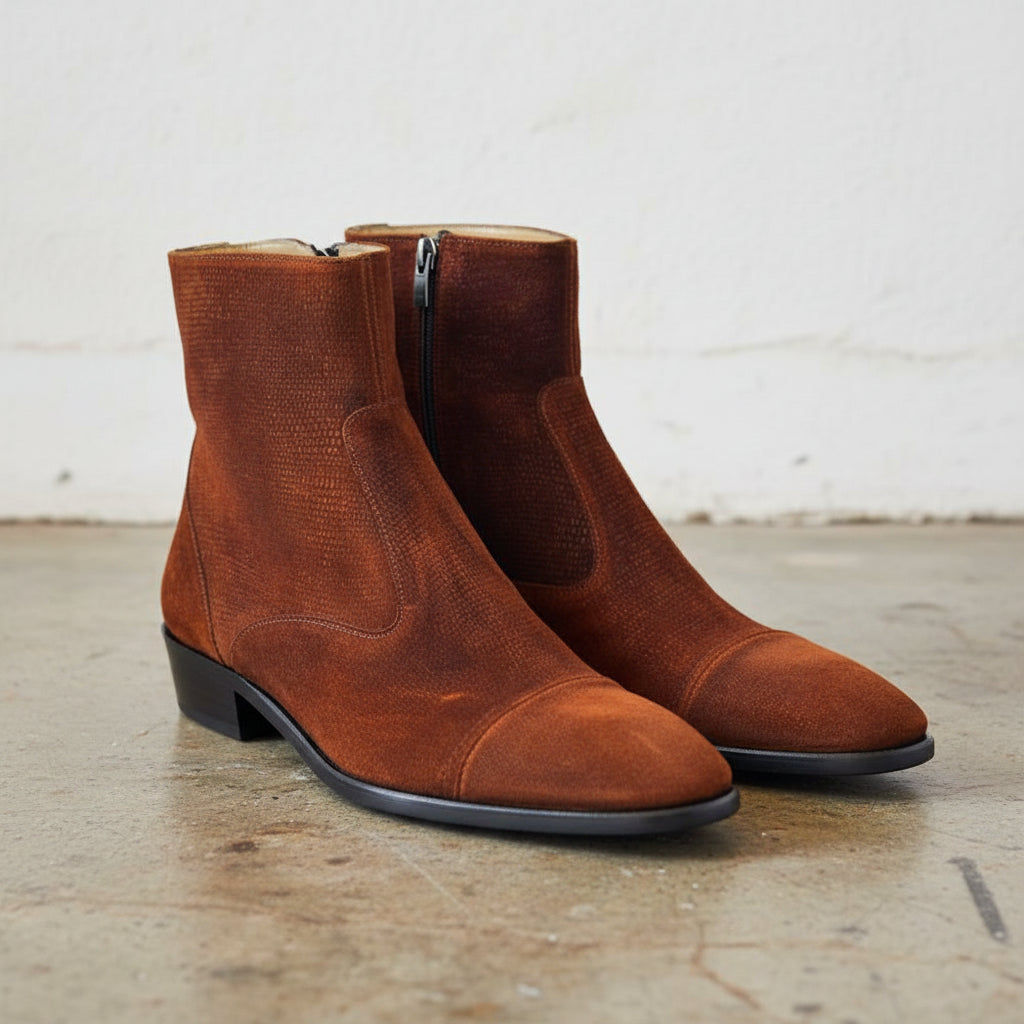 Handmade Men Brown Cap toe Ankle boots, Men side zipper classic ankle boot