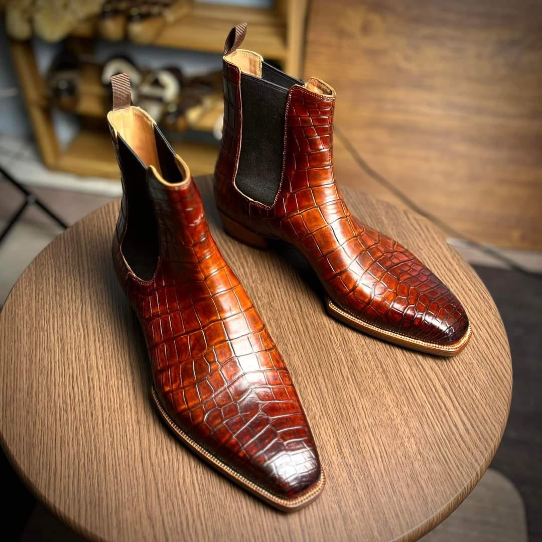 Handmade Men Brown Chelsea boots, Men brown crocodile ankle boots