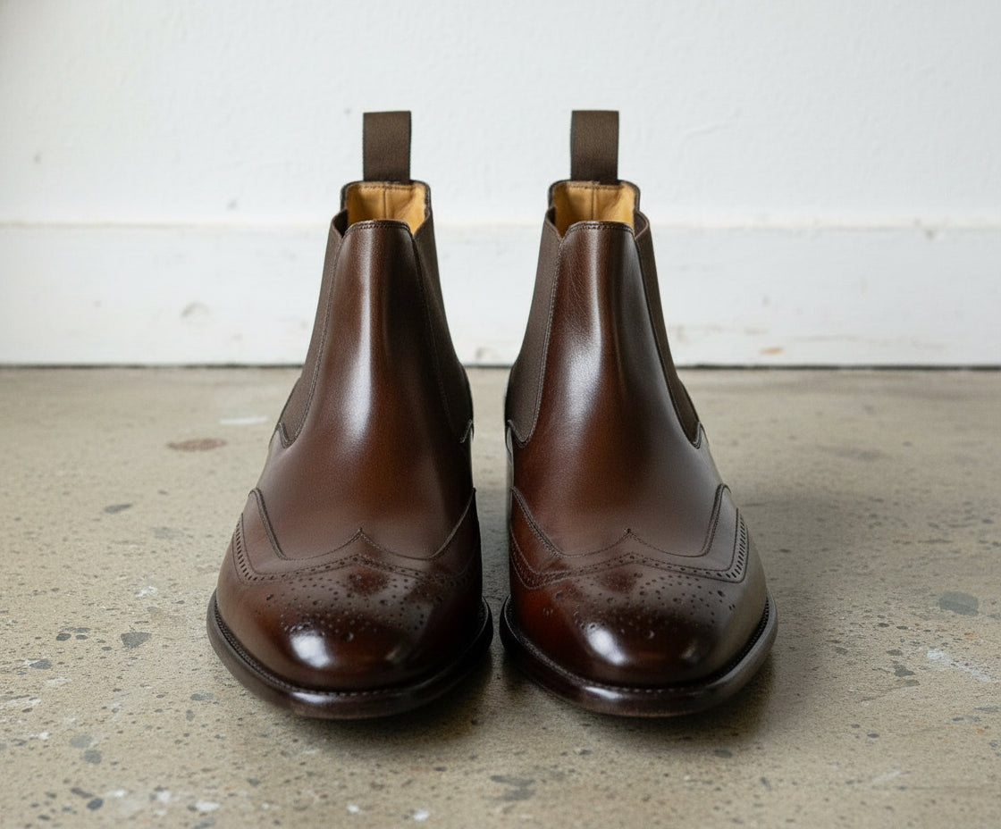 Handmade Men brown Comferable wingtip brogue Leather Chesea dress boots - front-view