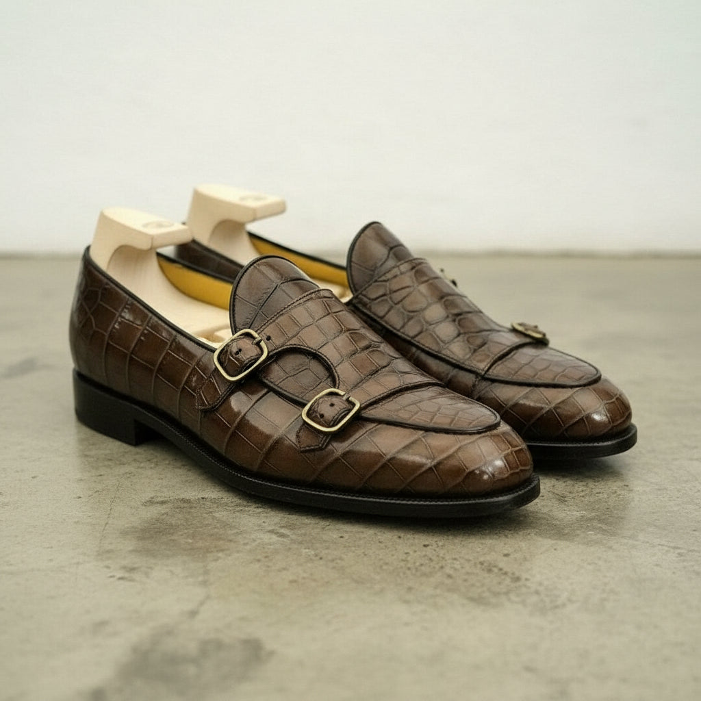 Handmade men brown crocodile shoes, men double monk dress shoe,formal shoes - 3-4-right-view