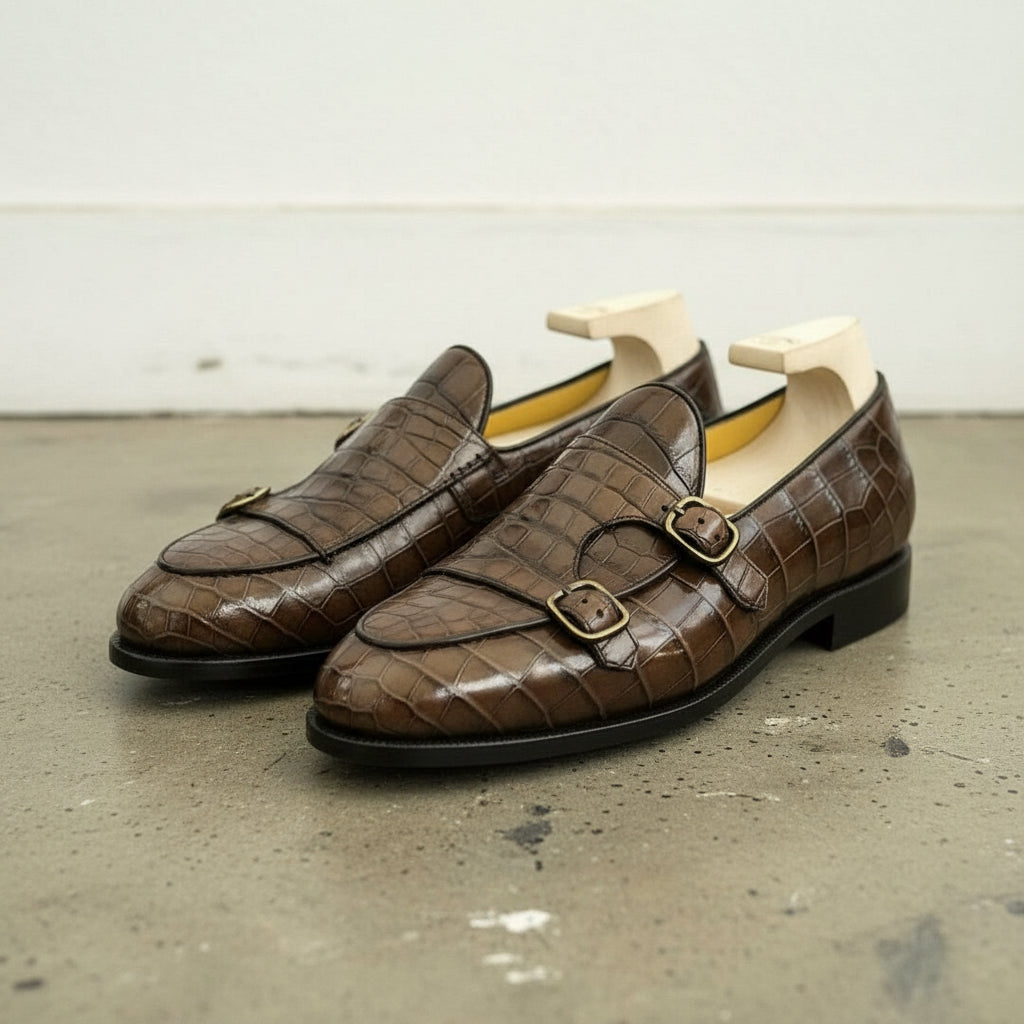 Handmade men brown crocodile shoes, men double monk dress shoe,formal shoes - angle-view-showing-depth