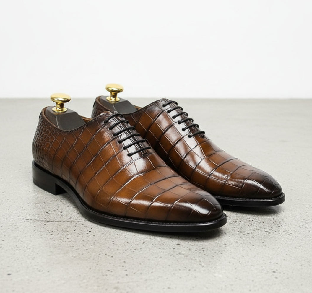 Handcrafted Men's Brown Crocodile-textured Formal Dress Shoes | Rebels Market US 14 / Brown Red / B