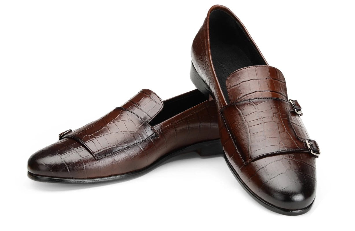 Handmade Men Brown double buckle Penny Loafer, Men brown dress shoes
