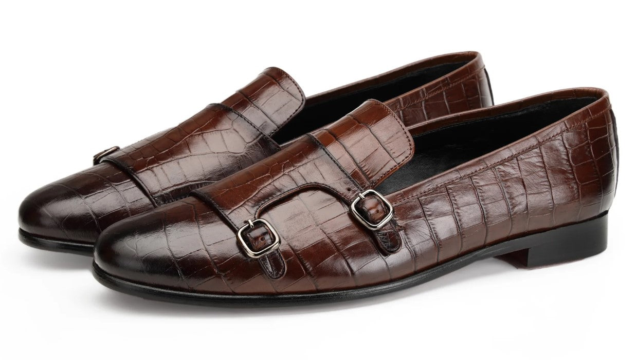 Handmade Men Brown double buckle Penny Loafer, Men brown dress shoes