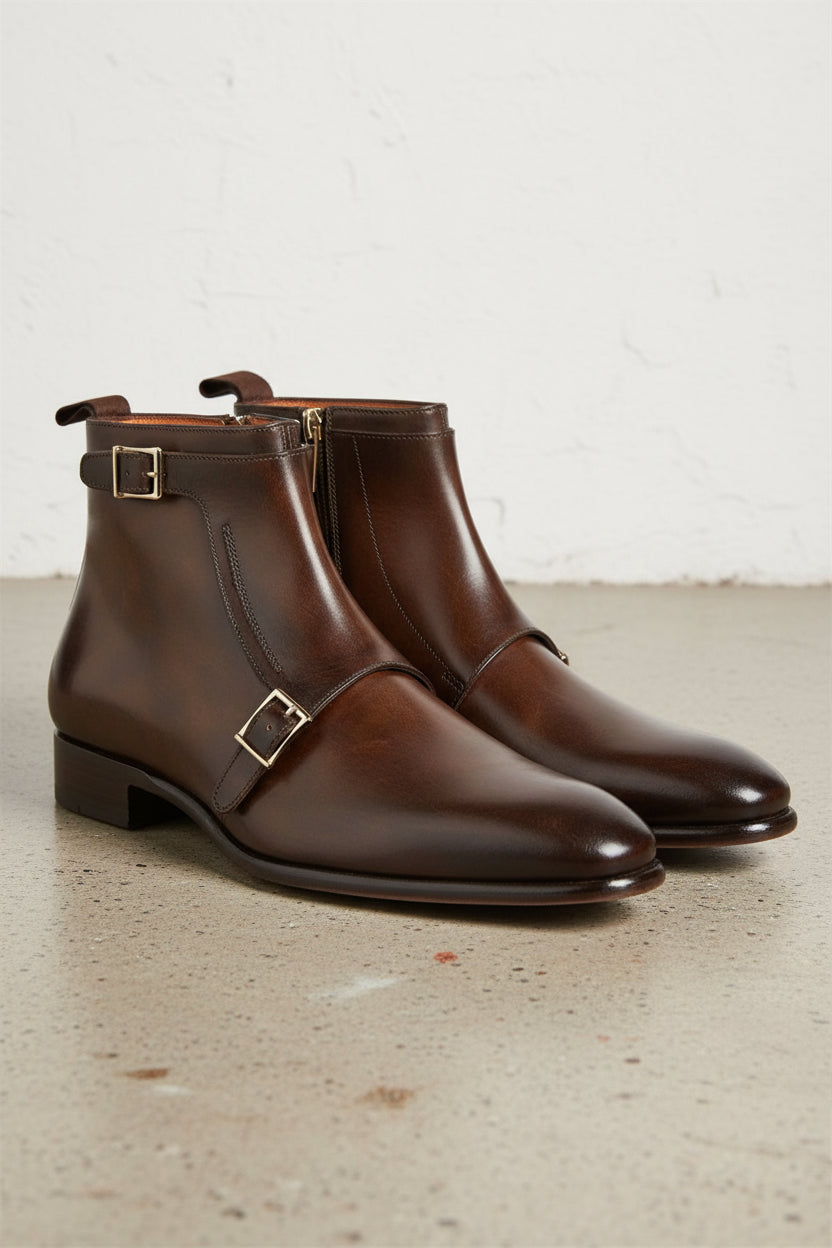 Handmade Men Brown Genuine Leather Ankle Boots, Side Zipper Ankle Boot - 3-4-right-view