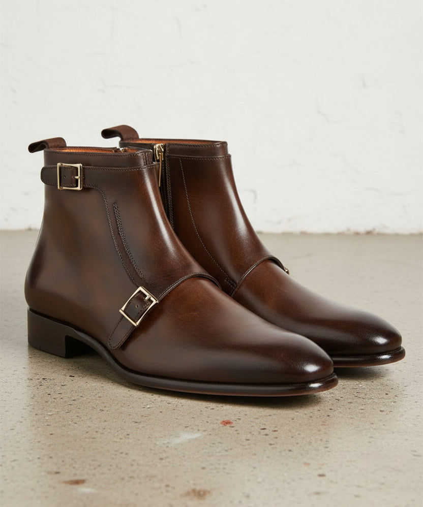 Handmade Men Brown Genuine Leather Ankle Boots, Side Zipper Ankle Boot - 3-4-right-view