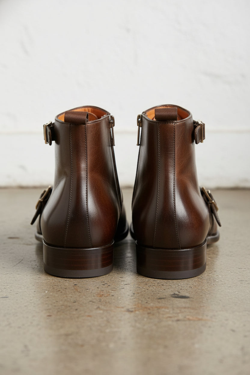 Handmade Men Brown Genuine Leather Ankle Boots, Side Zipper Ankle Boot - back-view