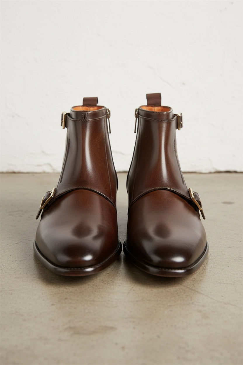 Handmade Men Brown Genuine Leather Ankle Boots, Side Zipper Ankle Boot - front-view