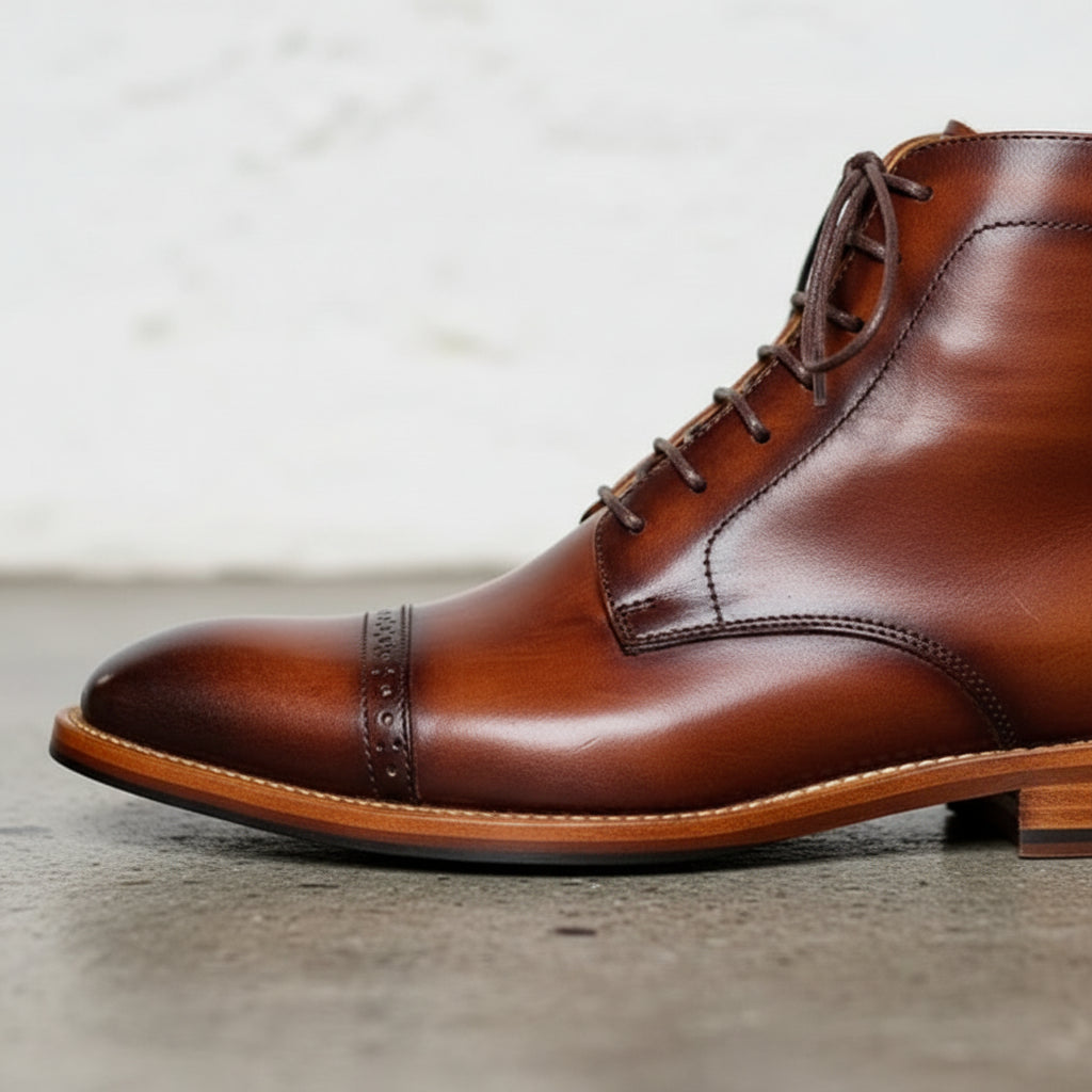 Handmade Men brown hand burnish Oxfords boot, brown lace up ankle boots