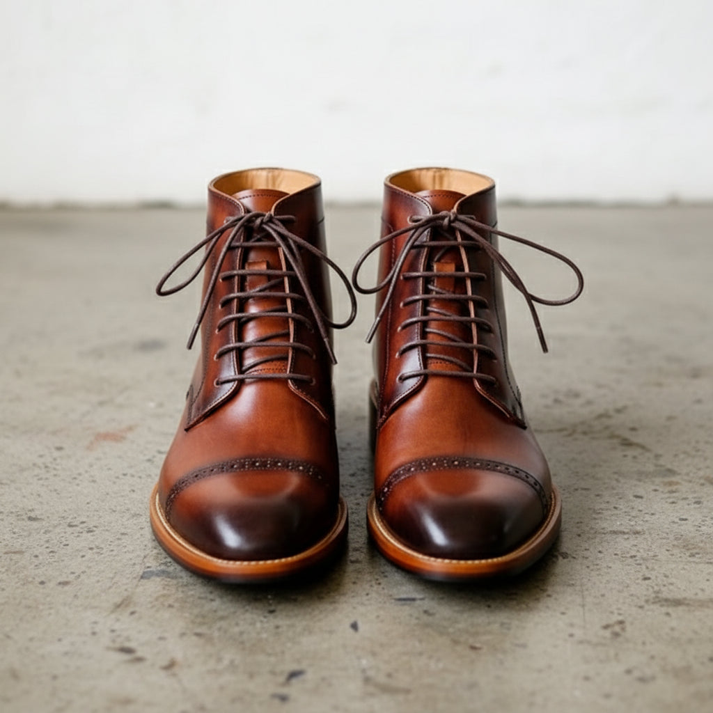 Handmade Men brown hand burnish Oxfords boot, brown lace up ankle boots
