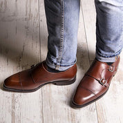 Handmade Men brown leather double buckle shoes, Men Oxfords shoes