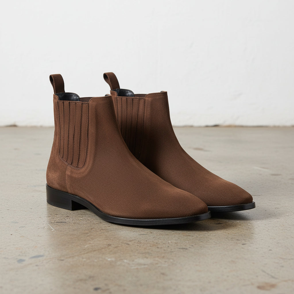 Handmade Men Brown suede Chelsea boots, Men suede ankle boot, chelsea boots - angle-view-showing-depth