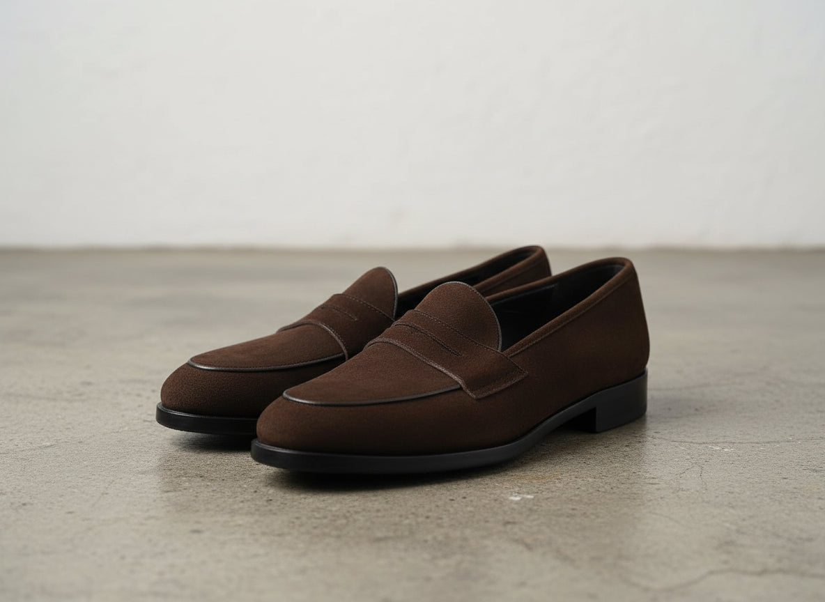 Handmade Men Brown suede dress shoes moccasins Men brown suede penny loafer - 3-4-right-view