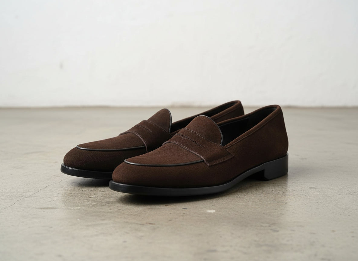 Handmade Men Brown suede dress shoes moccasins Men brown suede penny loafer - angle-view-showing-depth