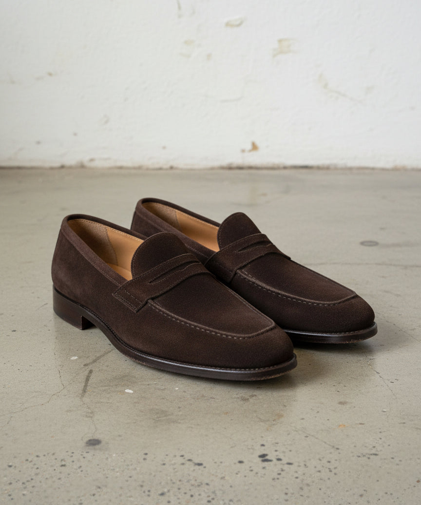 Handmade Men Brown suede moccasins shoes, Men brown slip ons penny loafer - angle-view-showing-depth