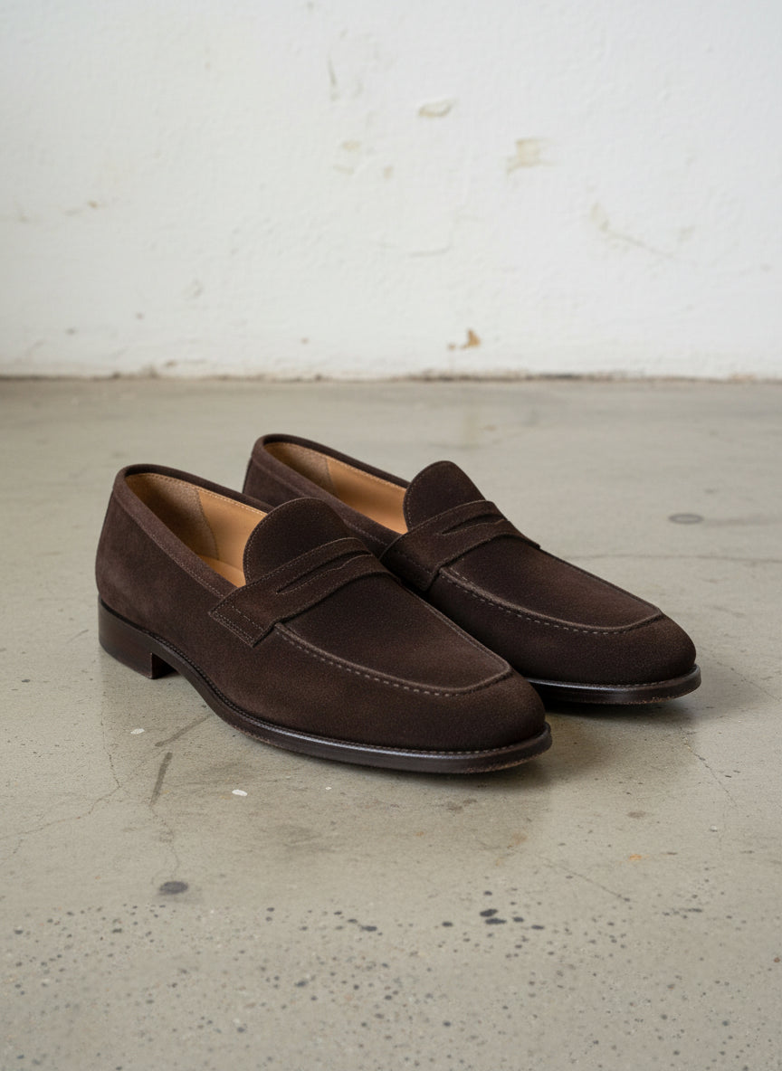 Handmade Men Brown suede moccasins shoes, Men brown slip ons penny loafer - angle-view-showing-depth