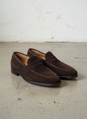 Handmade Men Brown suede moccasins shoes, Men brown slip ons penny loafer - angle-view-showing-depth