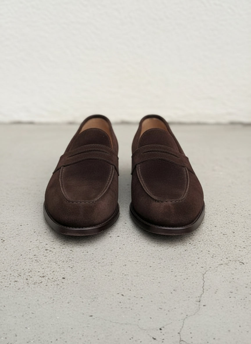Handmade Men Brown suede moccasins shoes, Men brown slip ons penny loafer - front-view